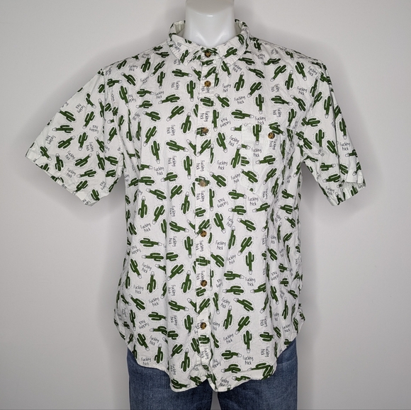 Spencer's Other - Spencer's White Green Sweary Cactus Short Sleeve Cotton Button Up L